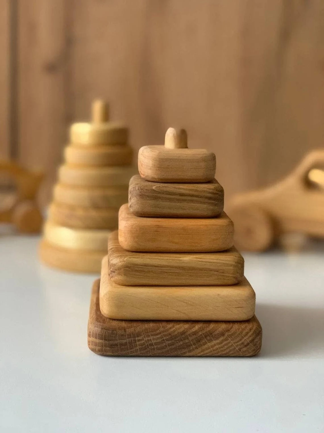 Wooden Stacking Toy - Square, Round & Triangle, 7-Piece Set