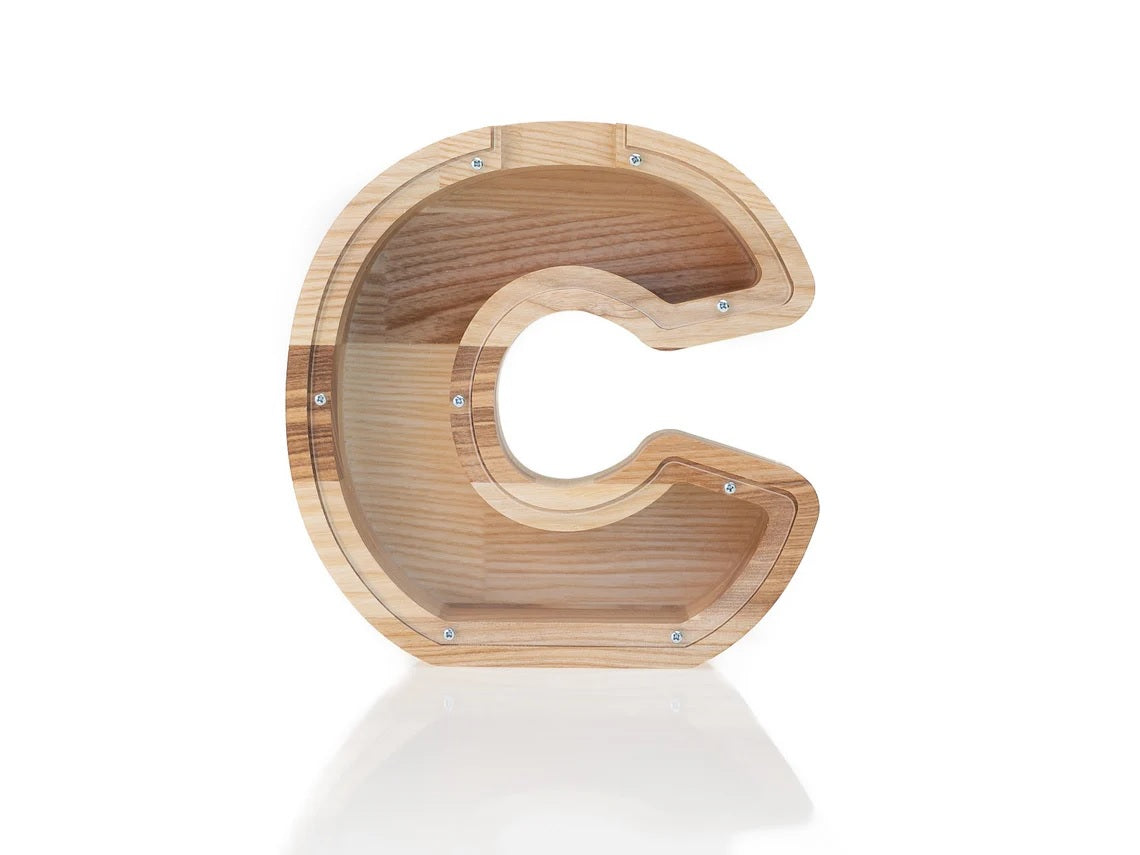 Wooden Alphabet Piggy Bank - Personalised A to Z Letter, Acrylic Front
