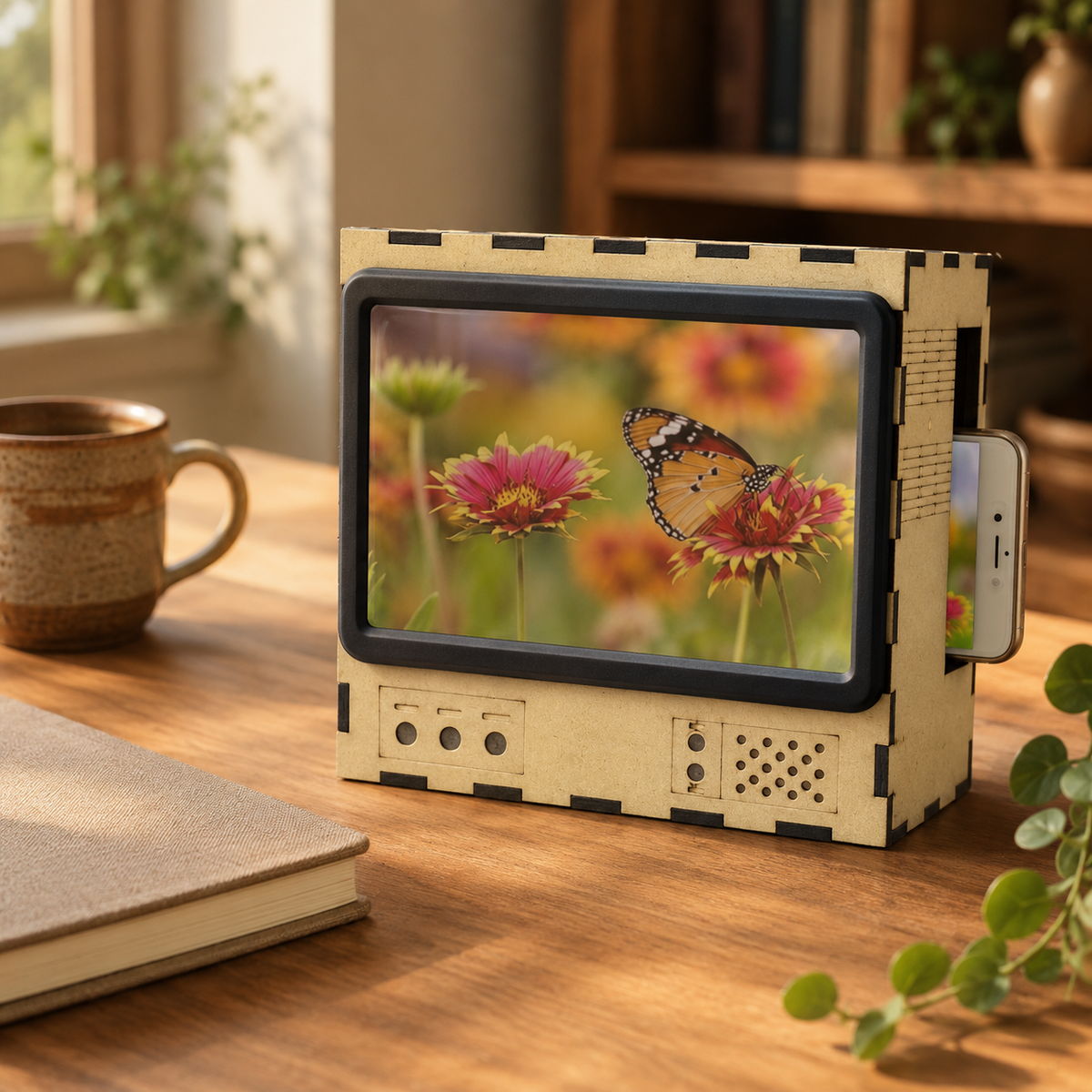 Retro TV-Shaped Wooden Phone Stand with Magnifying Screen - Hands-Free Mini Cinema
