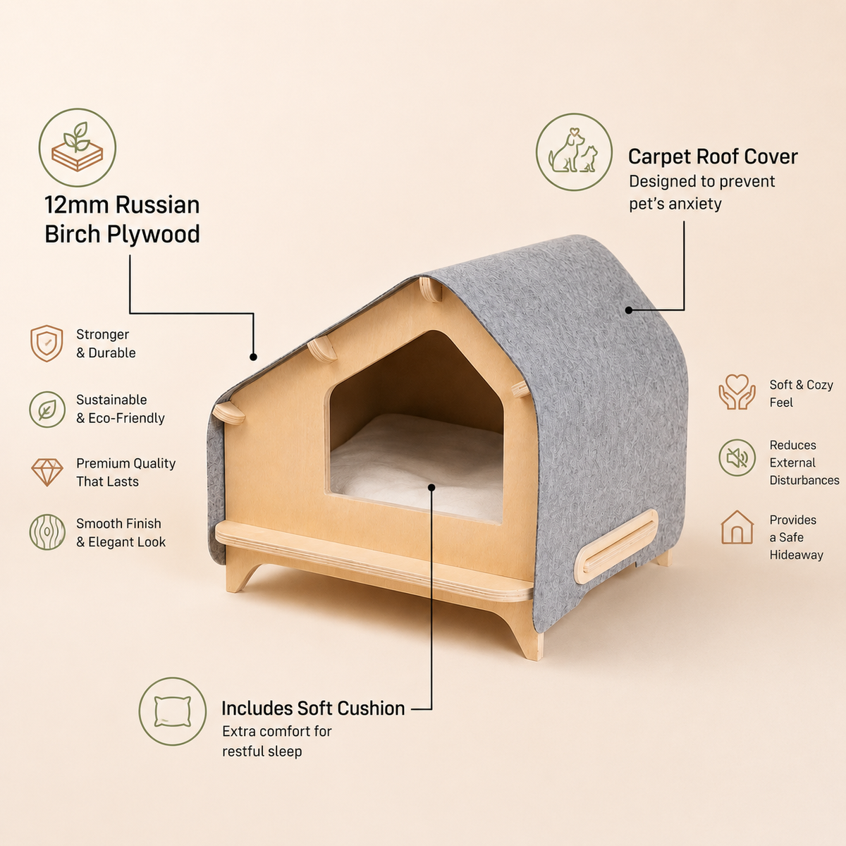Wooden Pet House - New Design, Compact with Carpet Roof & Cushion