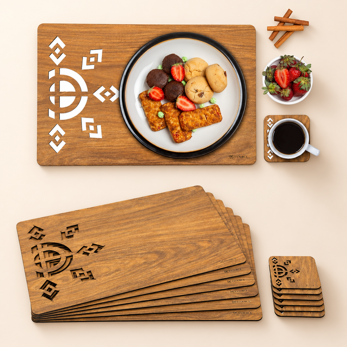 Wooden &amp; Leather Placemat Set with Matching Tea Coasters Rectangle