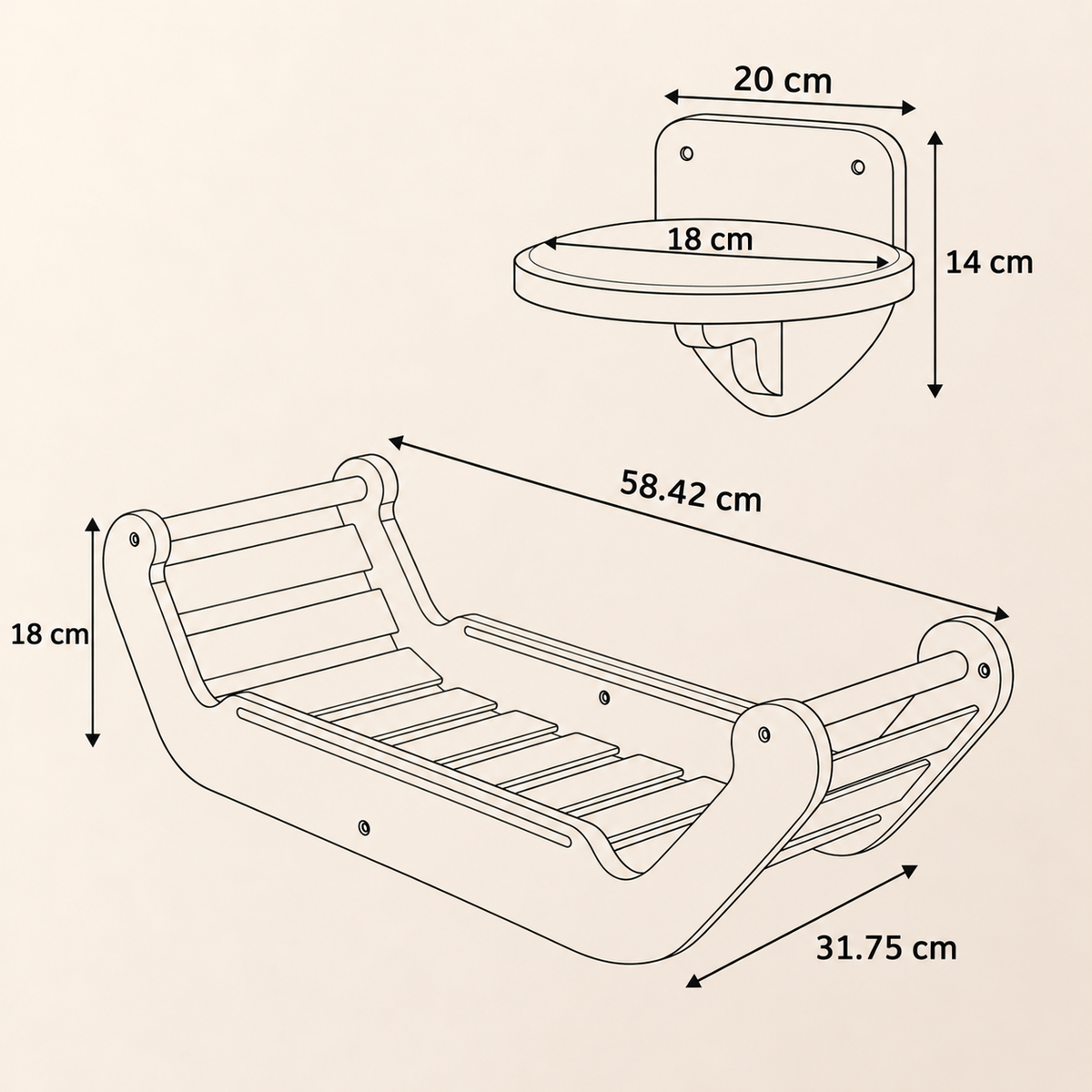 Wooden Wall Cat Bed with 3 Oval Steps - Teak Rod, Zero Floor Footprint