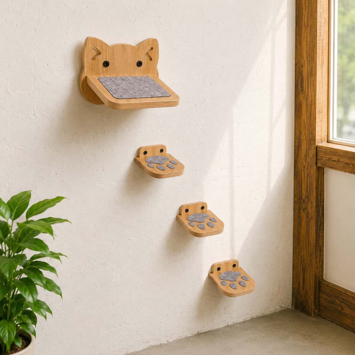 Wooden Wall-Mounted Cat Steps - Set of 4, Felt-Padded