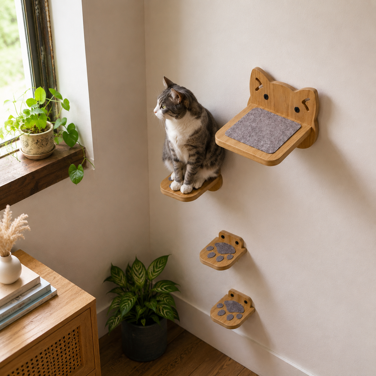 Wooden Wall-Mounted Cat Steps - Set of 4, Felt-Padded