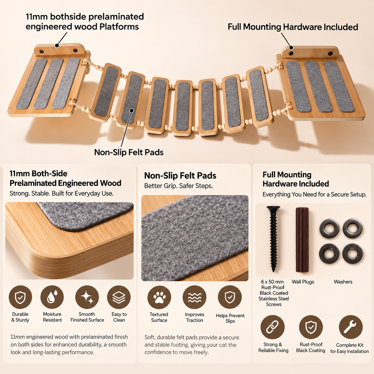 Wooden Wall-Mounted Cat Bridge - Burmese Teak, Non-Slip Felt Pads