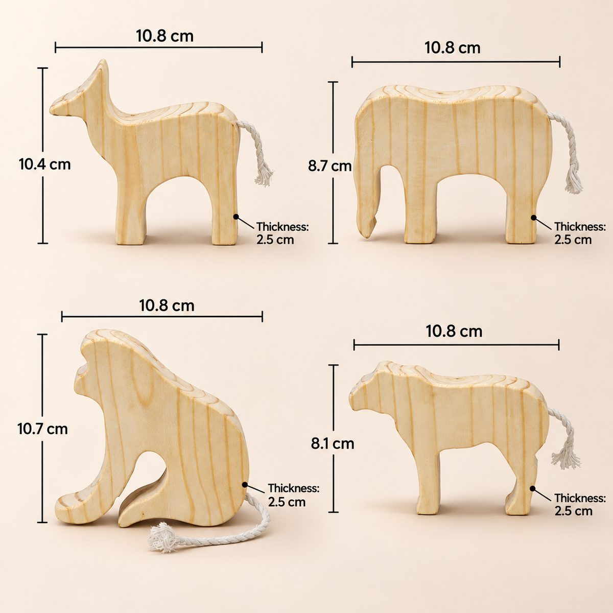 Wooden Animal Toy Figures - Deer, Elephant, Monkey & Lion, Single or Combo Set of 4