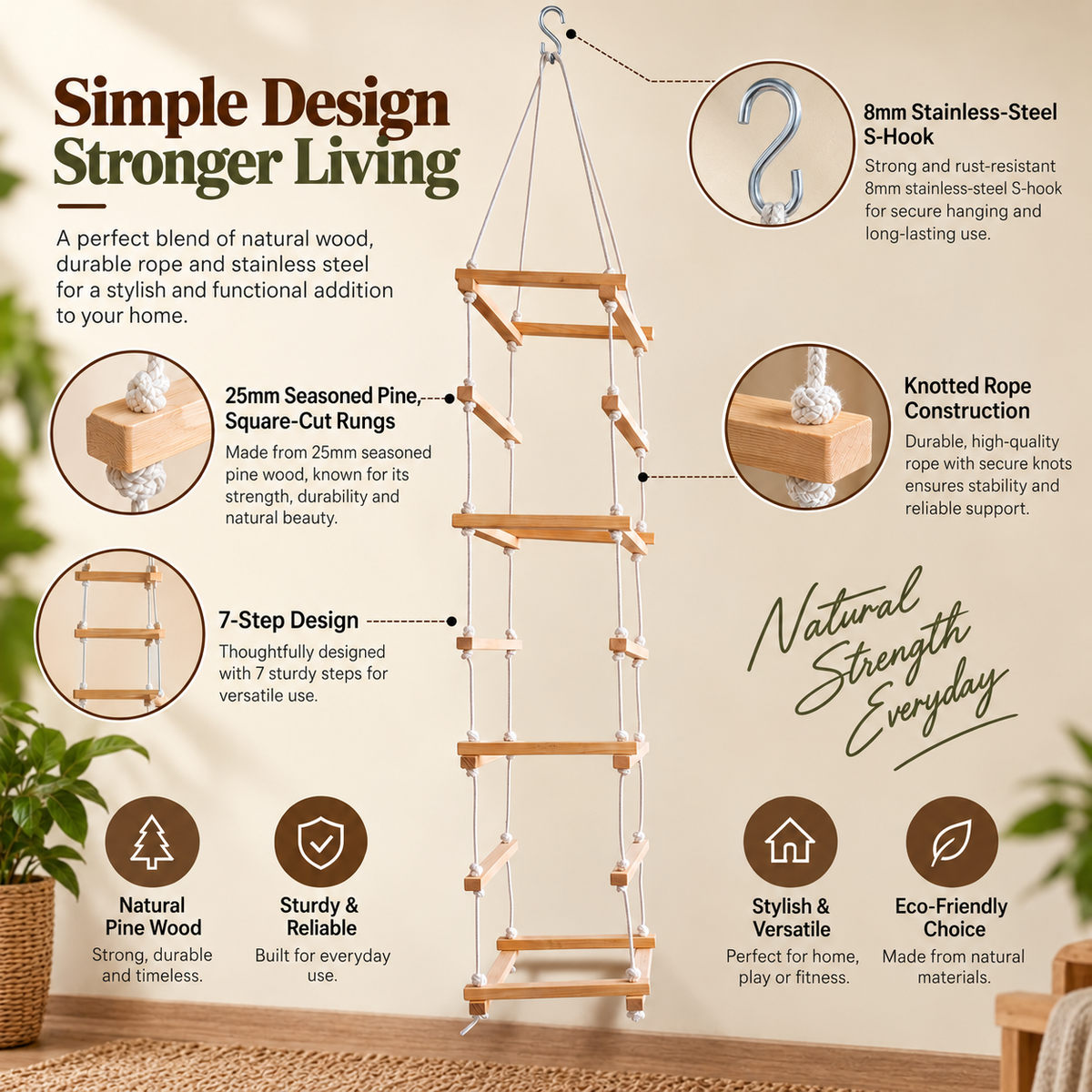 7-Step Wooden Square Climbing Ladder for Kids - Seasoned Pine, Wide Flat Rungs (Ages 4–10)