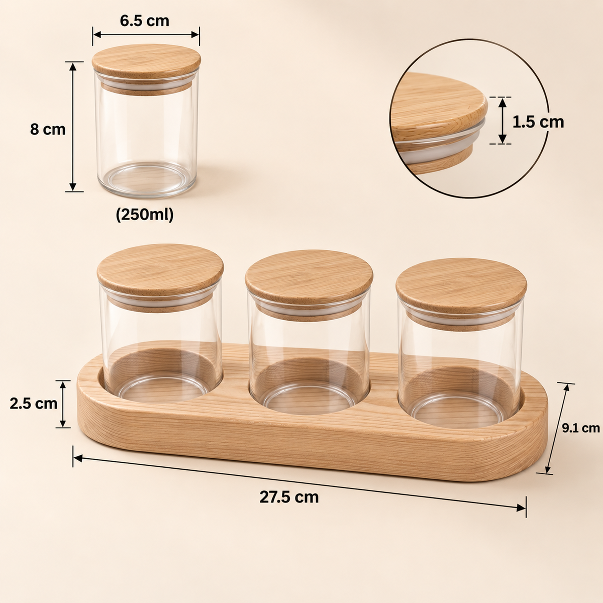 Kitchen Storage Jar Sets with Wooden Tray - Yogurt, Glass & Wooden Jars