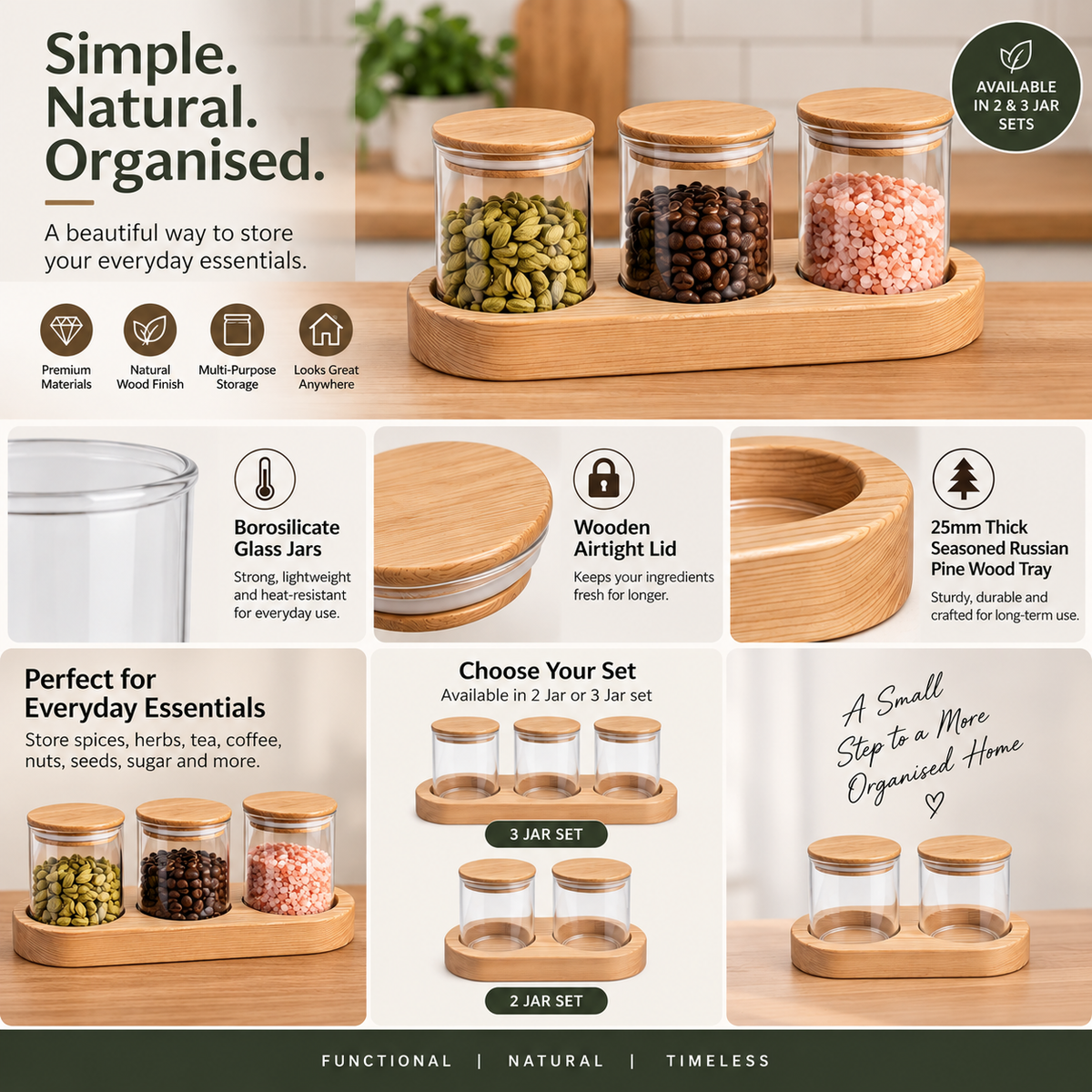 Kitchen Storage Jar Sets with Wooden Tray - Yogurt, Glass & Wooden Jars
