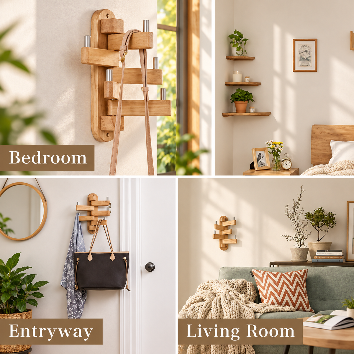Vertical Wooden Wall Hanger - Foldable Hooks, Seasoned Pine