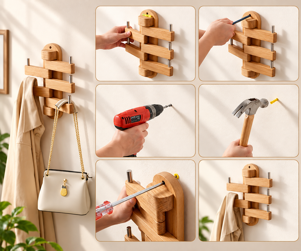 Vertical Wooden Wall Hanger - Foldable Hooks, Seasoned Pine
