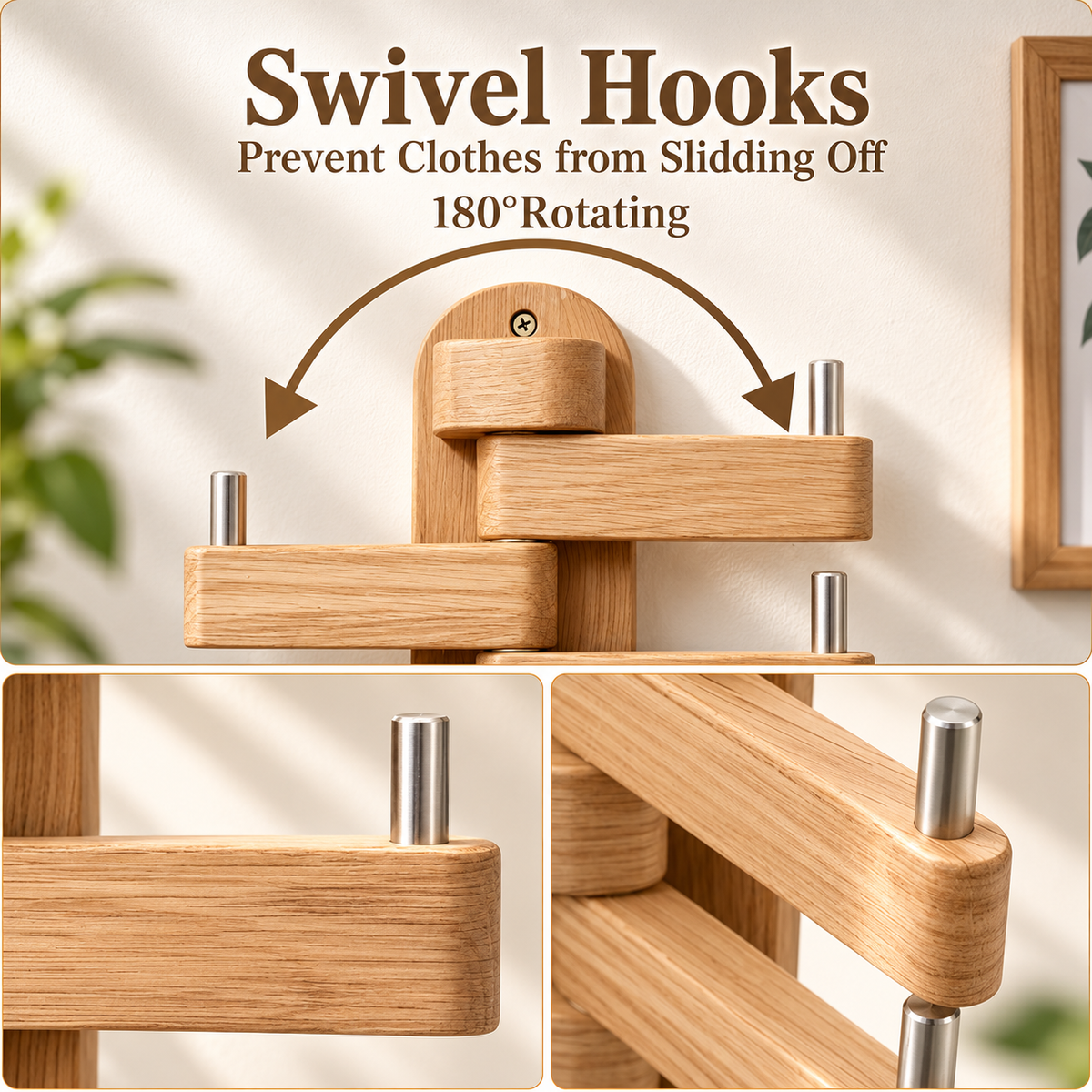 Vertical Wooden Wall Hanger - Foldable Hooks, Seasoned Pine