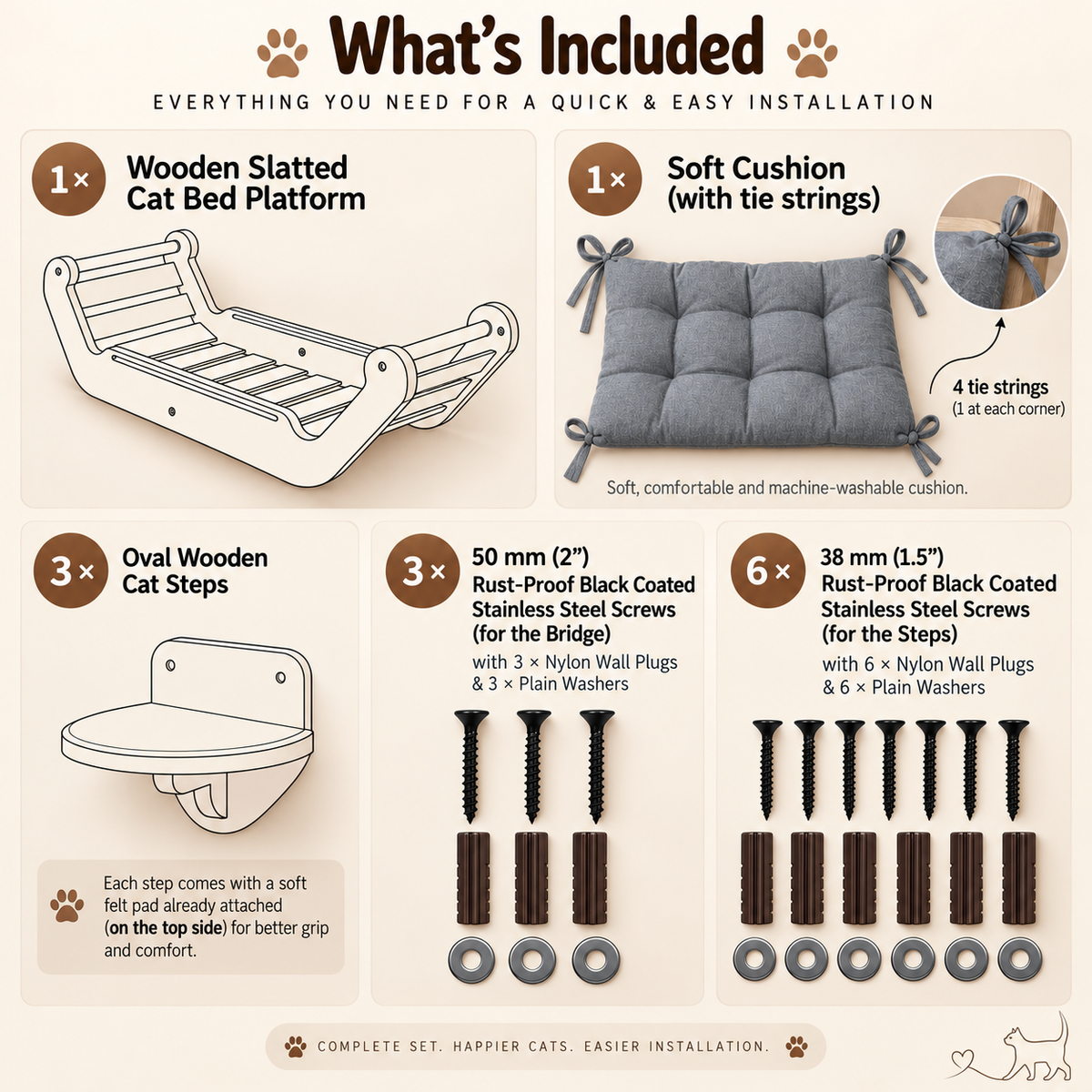 Wooden Wall Cat Bed with 3 Oval Steps - Teak Rod, Zero Floor Footprint