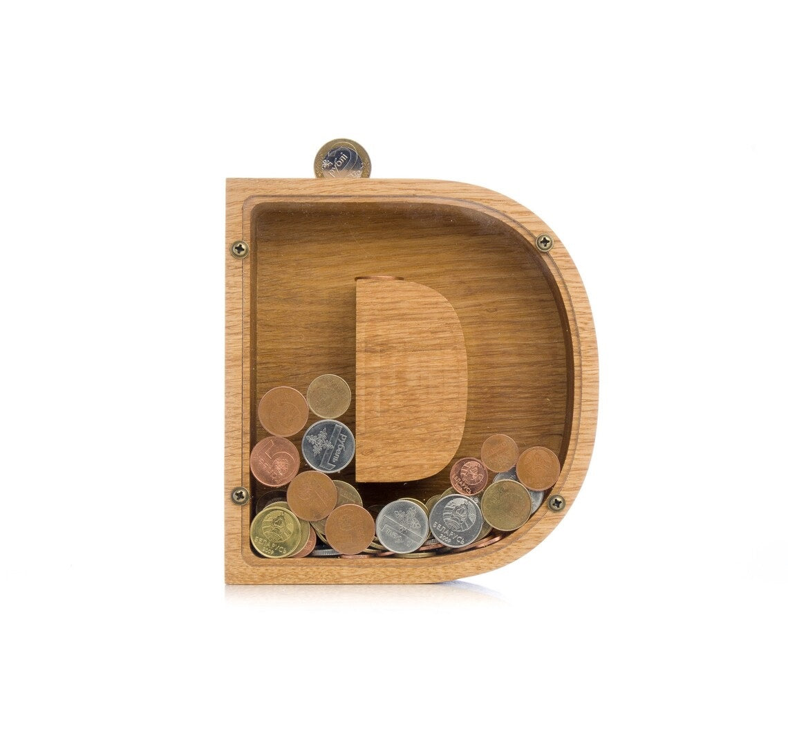 Wooden Alphabet Piggy Bank - Personalised A to Z Letter, Acrylic Front