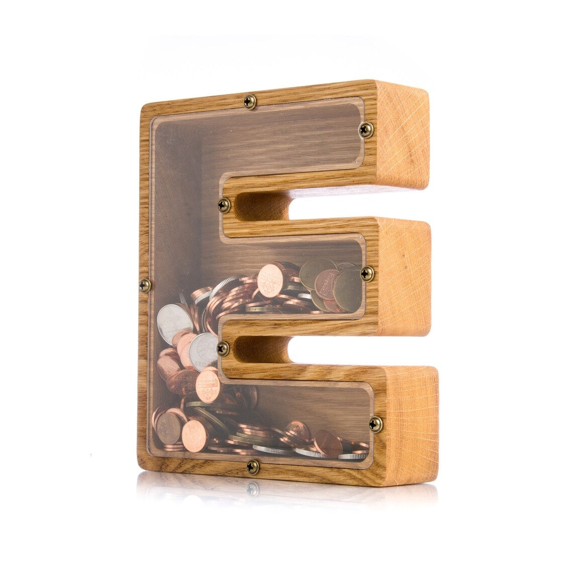 Wooden Alphabet Piggy Bank - Personalised A to Z Letter, Acrylic Front