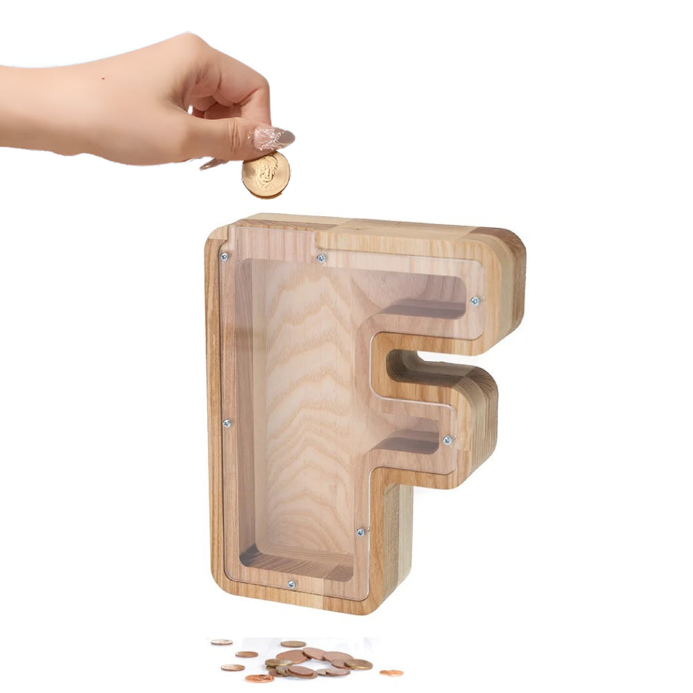 Wooden Alphabet Piggy Bank - Personalised A to Z Letter, Acrylic Front