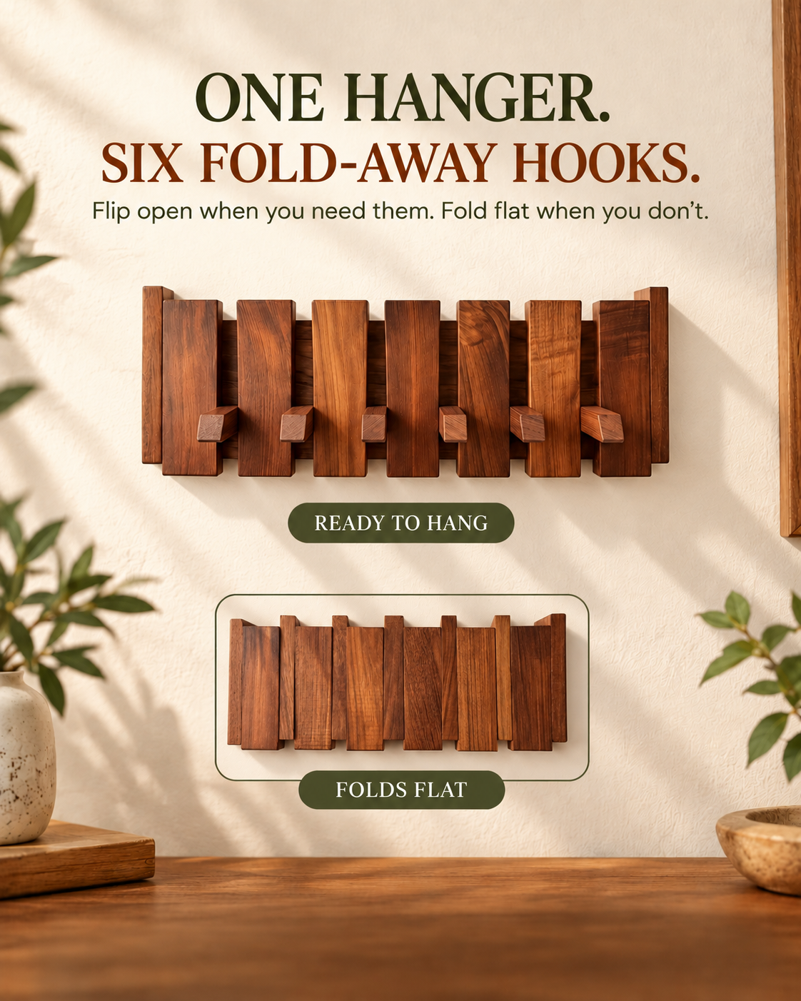 Classic Straight Wooden Wall Hanger - 6 Hooks, Old Burmese Teak