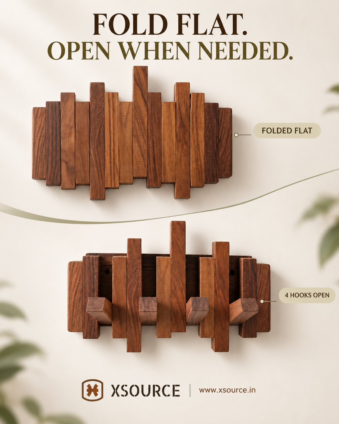 Wooden Piano Wall Hanger - Foldable Hooks, Old Burmese Teak, 4/6/8 Hook