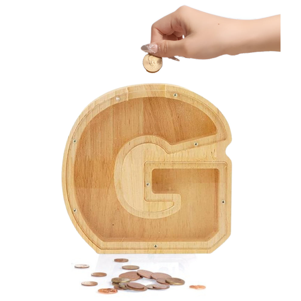 Wooden Alphabet Piggy Bank - Personalised A to Z Letter, Acrylic Front