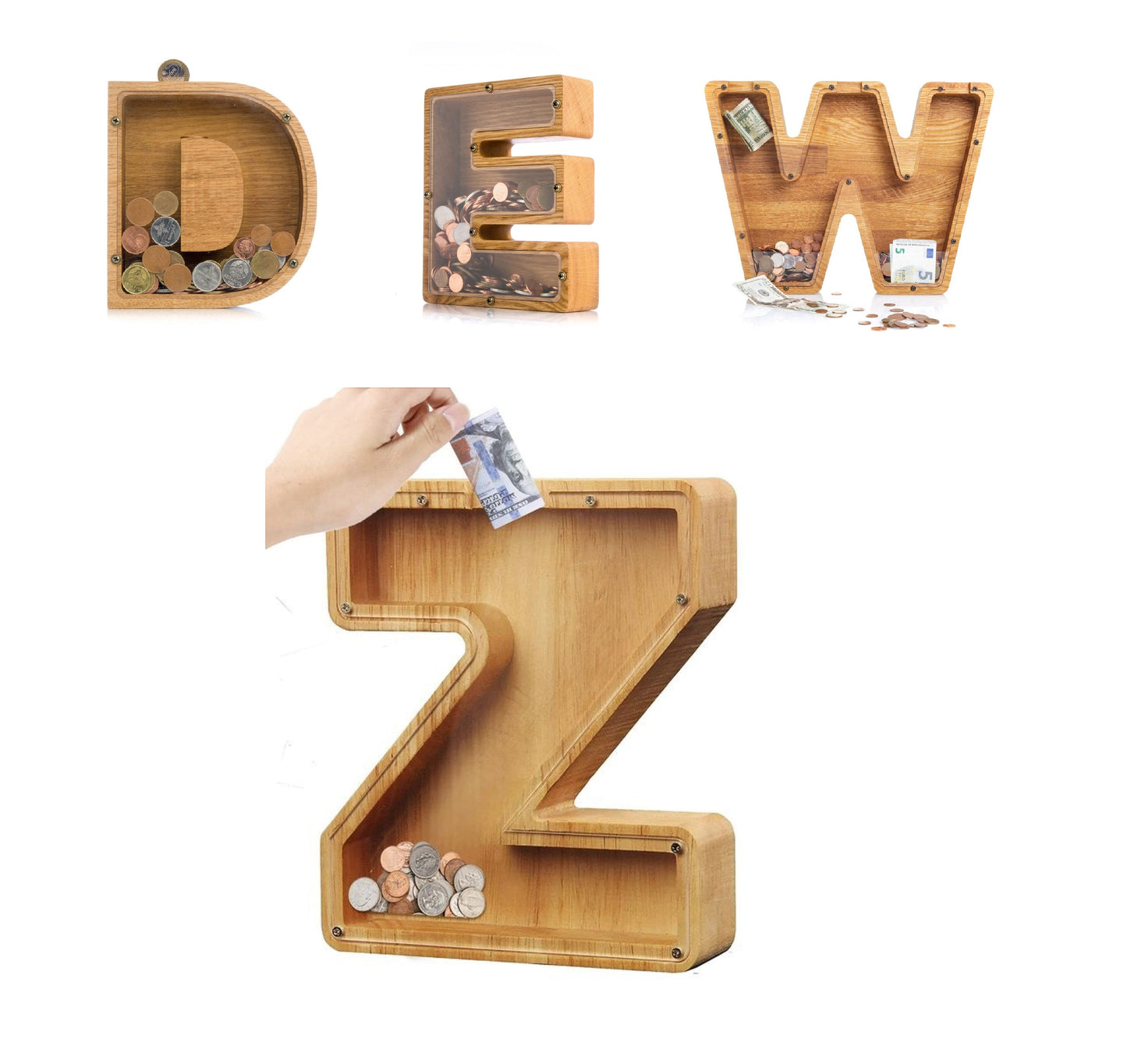 Wooden Alphabet Piggy Bank with Clear Acrylic Front A-Z Letters for Kids & Adults
