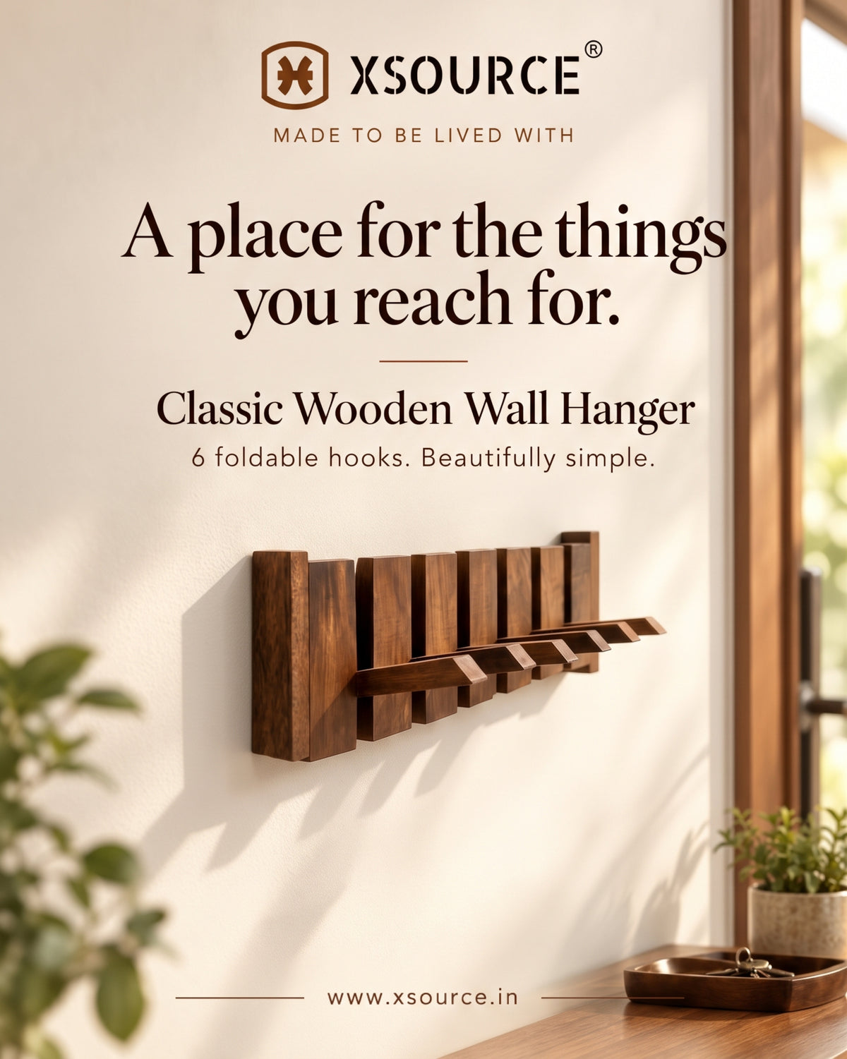 Classic Straight Wooden Wall Hanger - 6 Hooks, Old Burmese Teak