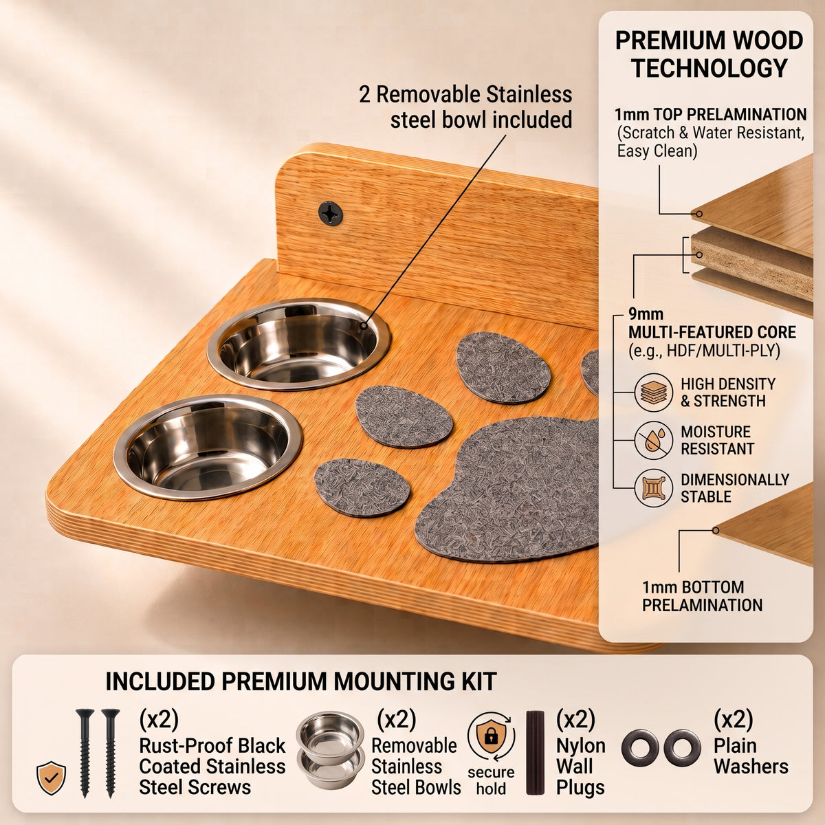 Wooden Cat Feeder Stand with 2 Steel Bowls - Wall-Mounted