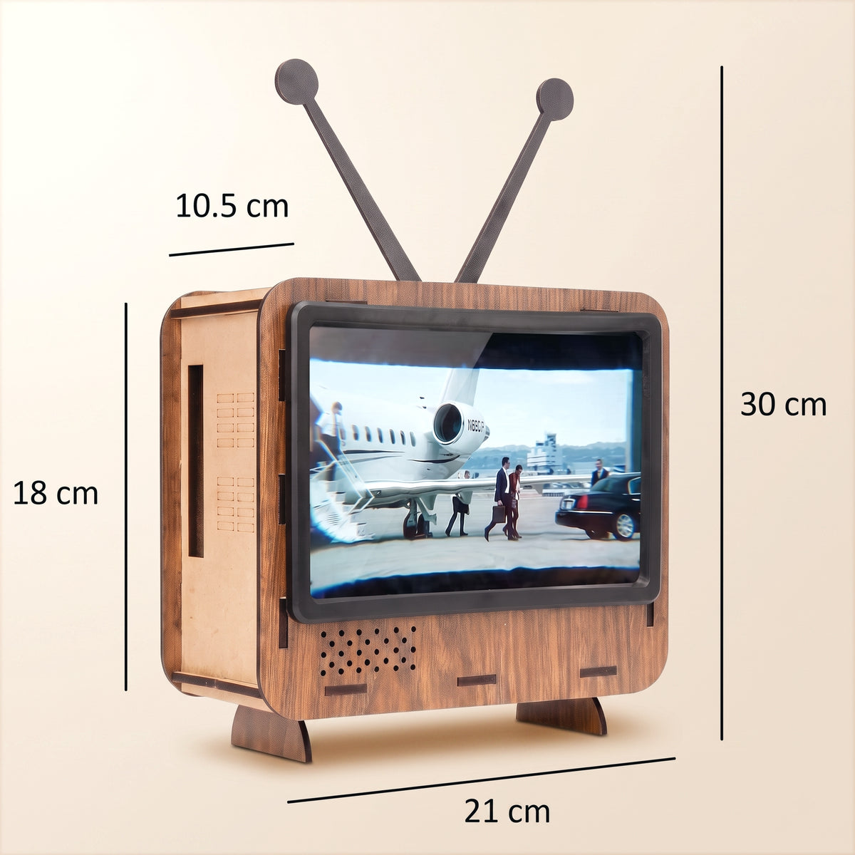 Retro TV-Shaped Wooden Phone Stand with Magnifying Screen - Hands-Free Mini Cinema
