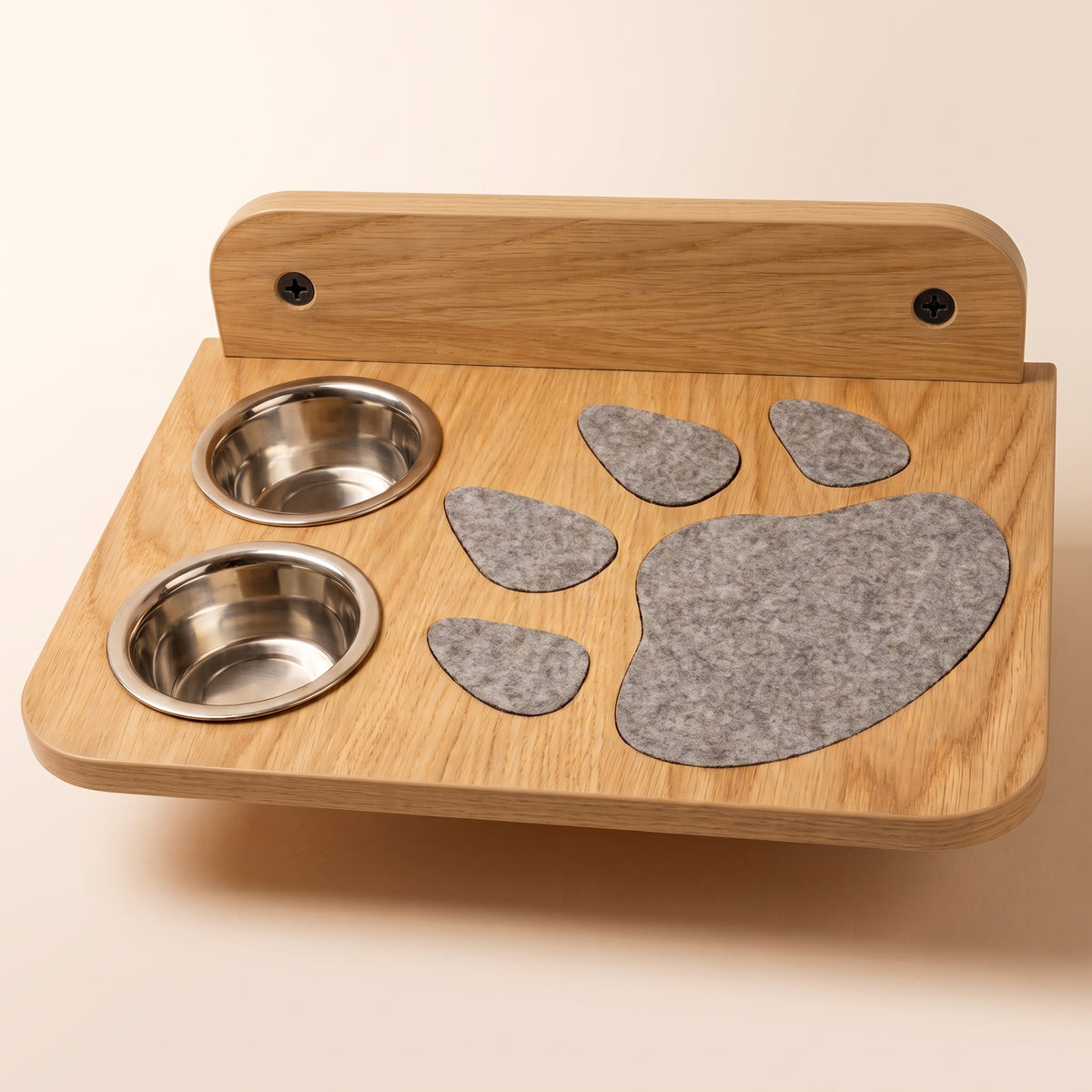 Wooden Cat Feeder Stand with 2 Steel Bowls - Wall-Mounted
