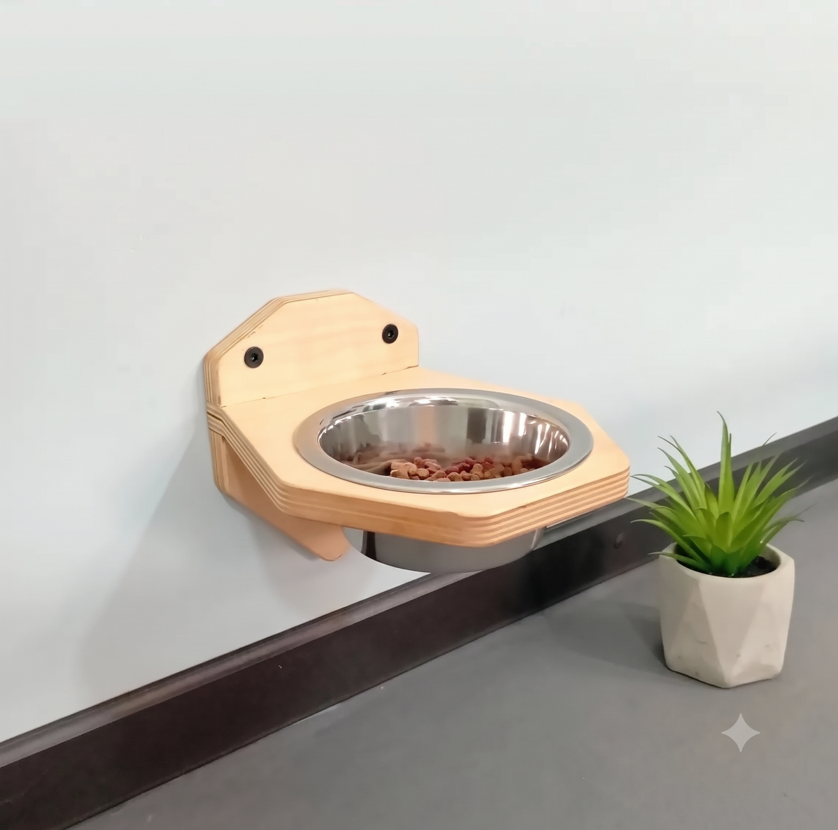 Wall-Mounted Wooden Pet Bowl - Single Removable Stainless Steel Bowl