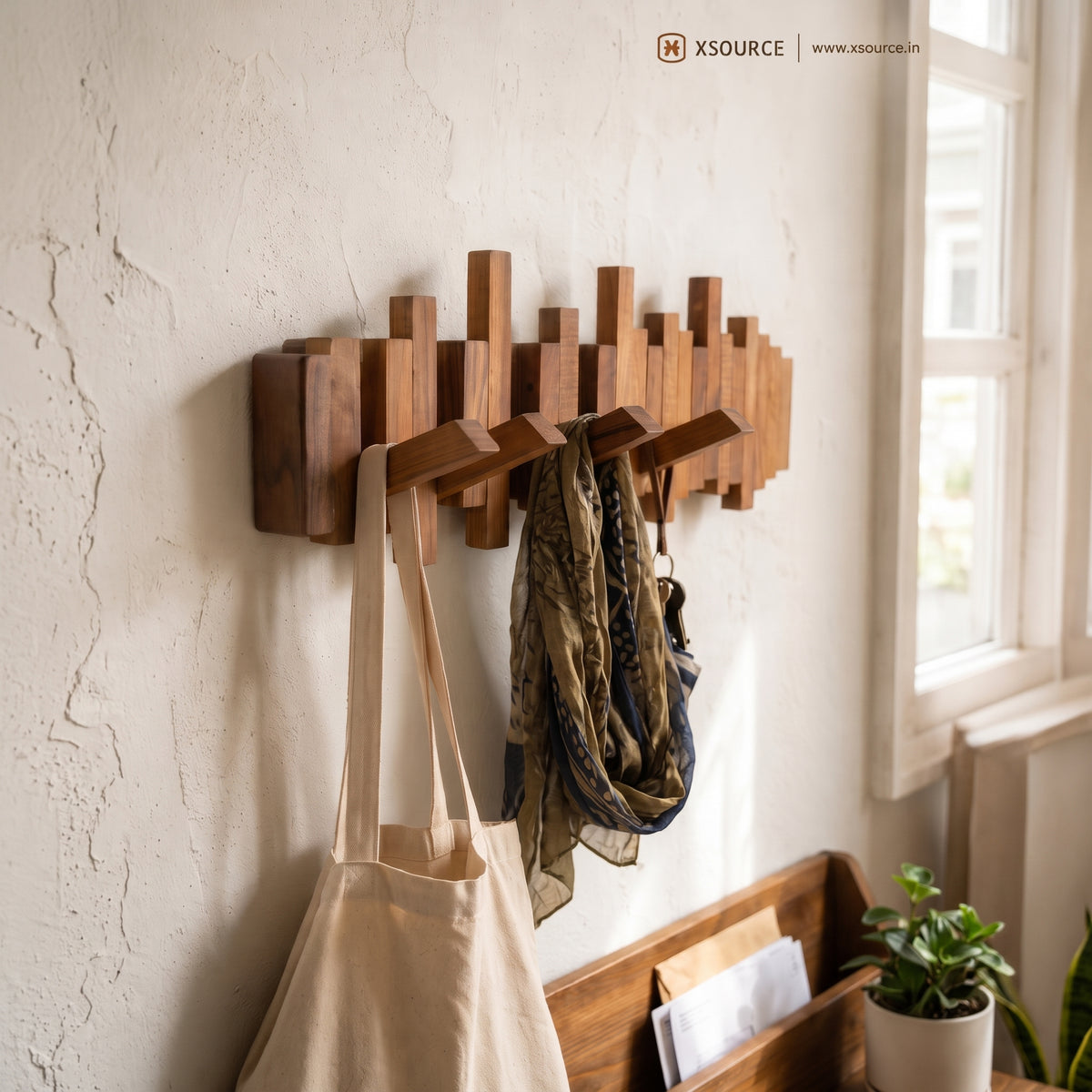 Wooden Piano Wall Hanger - Foldable Hooks, Old Burmese Teak, 4/6/8 Hook