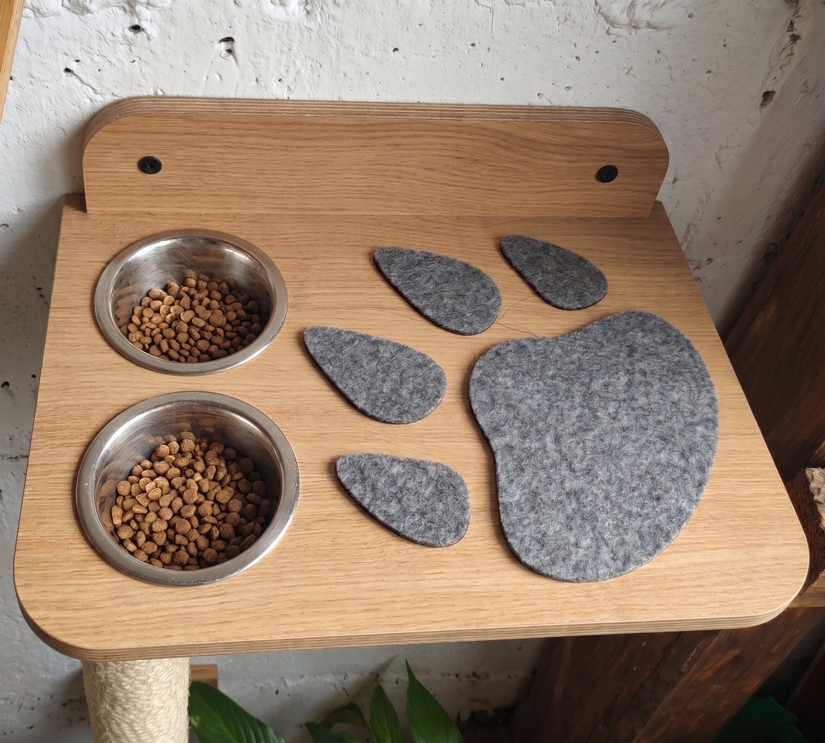 Wooden Cat Feeder Stand with 2 Steel Bowls - Wall-Mounted