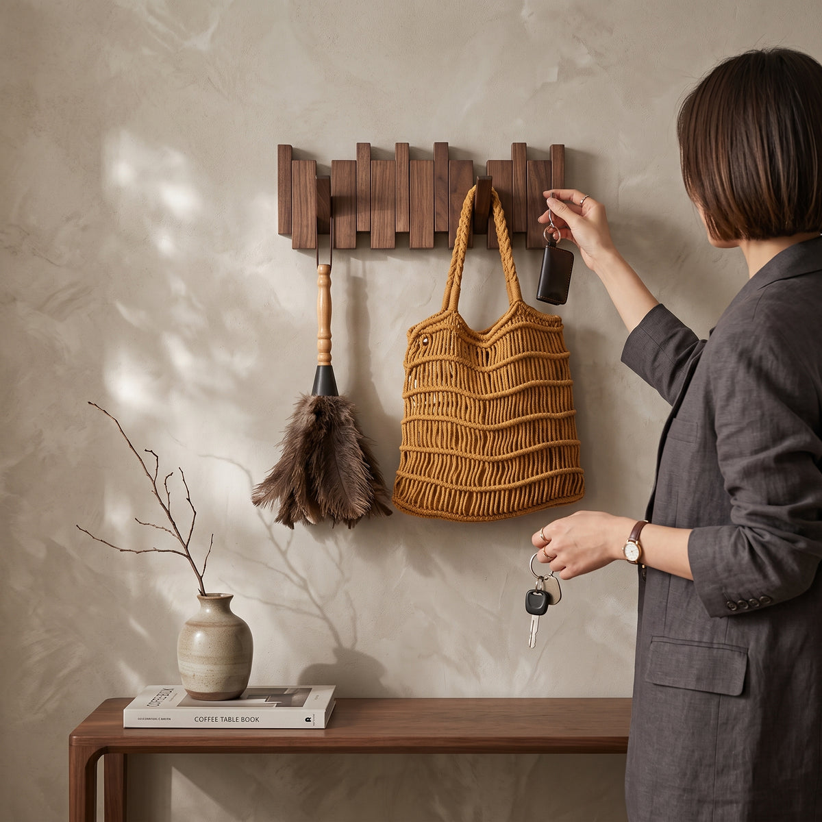 Classic Straight Wooden Wall Hanger - 6 Hooks, Old Burmese Teak