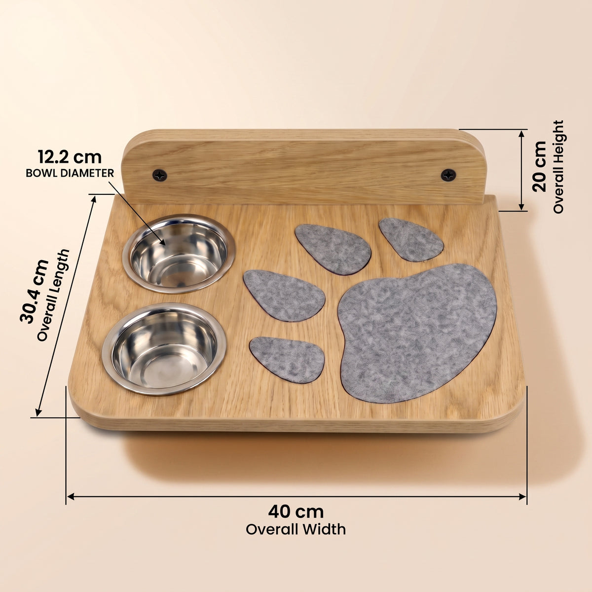 Wooden Cat Feeder Stand with 2 Steel Bowls - Wall-Mounted