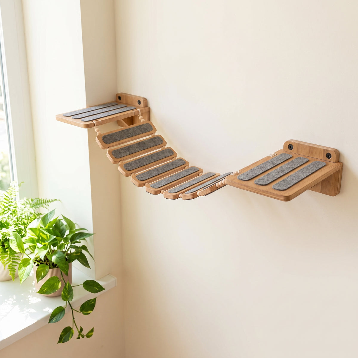 Wooden Wall-Mounted Cat Bridge - Burmese Teak, Non-Slip Felt Pads