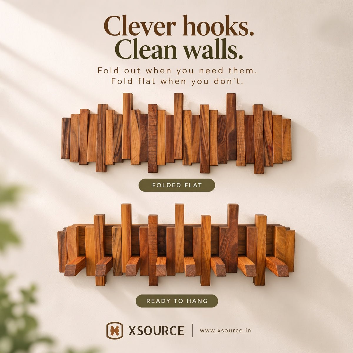 Wooden Piano Wall Hanger - Foldable Hooks, Old Burmese Teak, 4/6/8 Hook