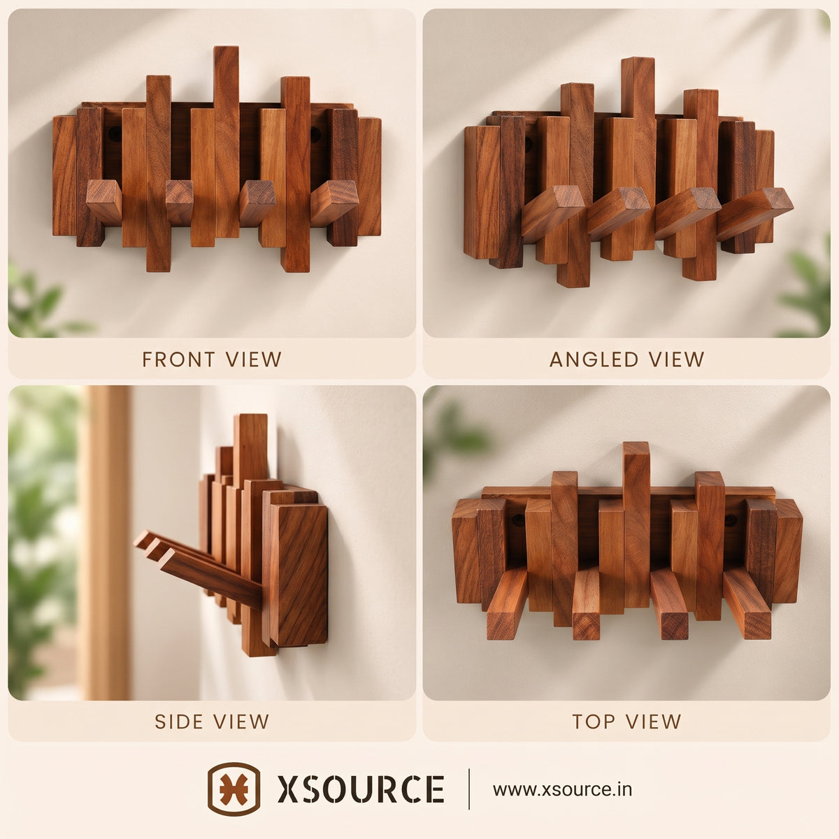 Wooden Piano Wall Hanger - Foldable Hooks, Old Burmese Teak, 4/6/8 Hook