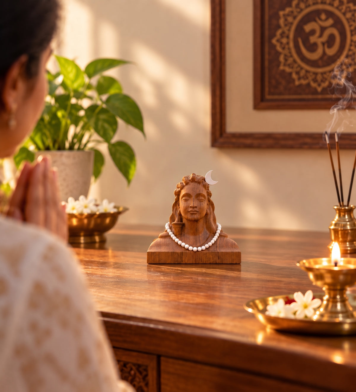 Wooden Adiyogi Shiva Decor Statue - Hand-Carved Burmese Teak