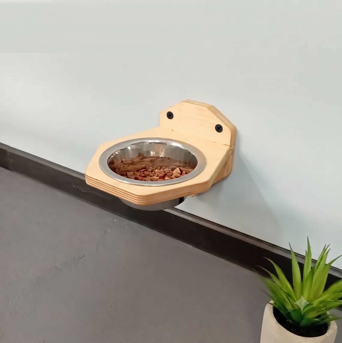 Wall-Mounted Wooden Pet Bowl - Single Removable Stainless Steel Bowl