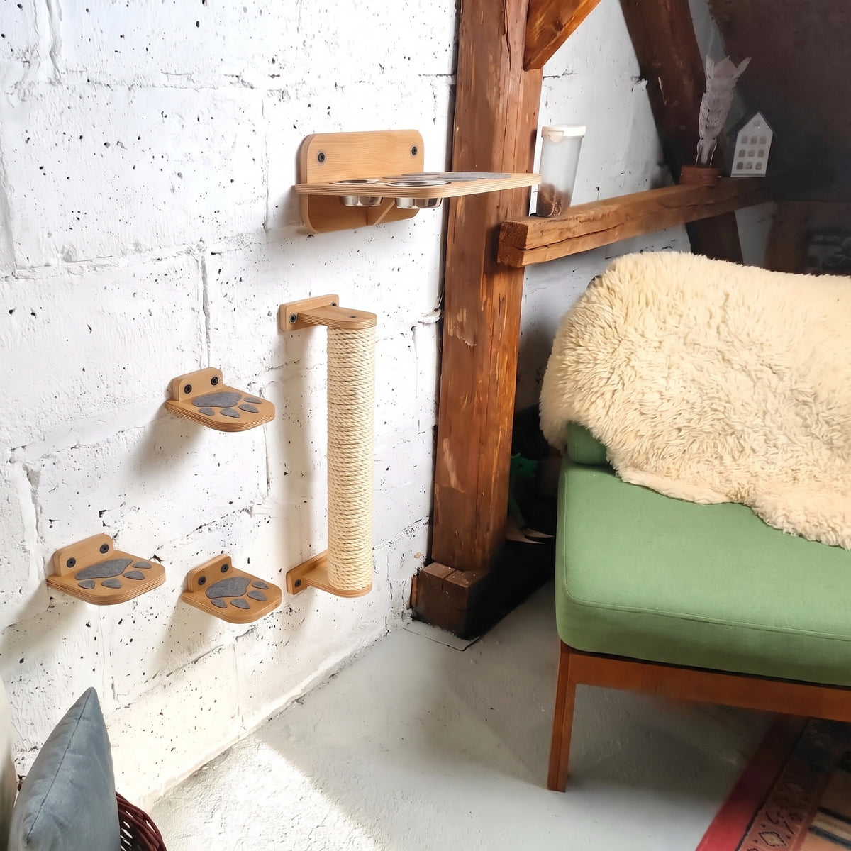 Wooden Cat Wall Furniture Set - All-in-One (Post, Steps, Bridge & Feeder)