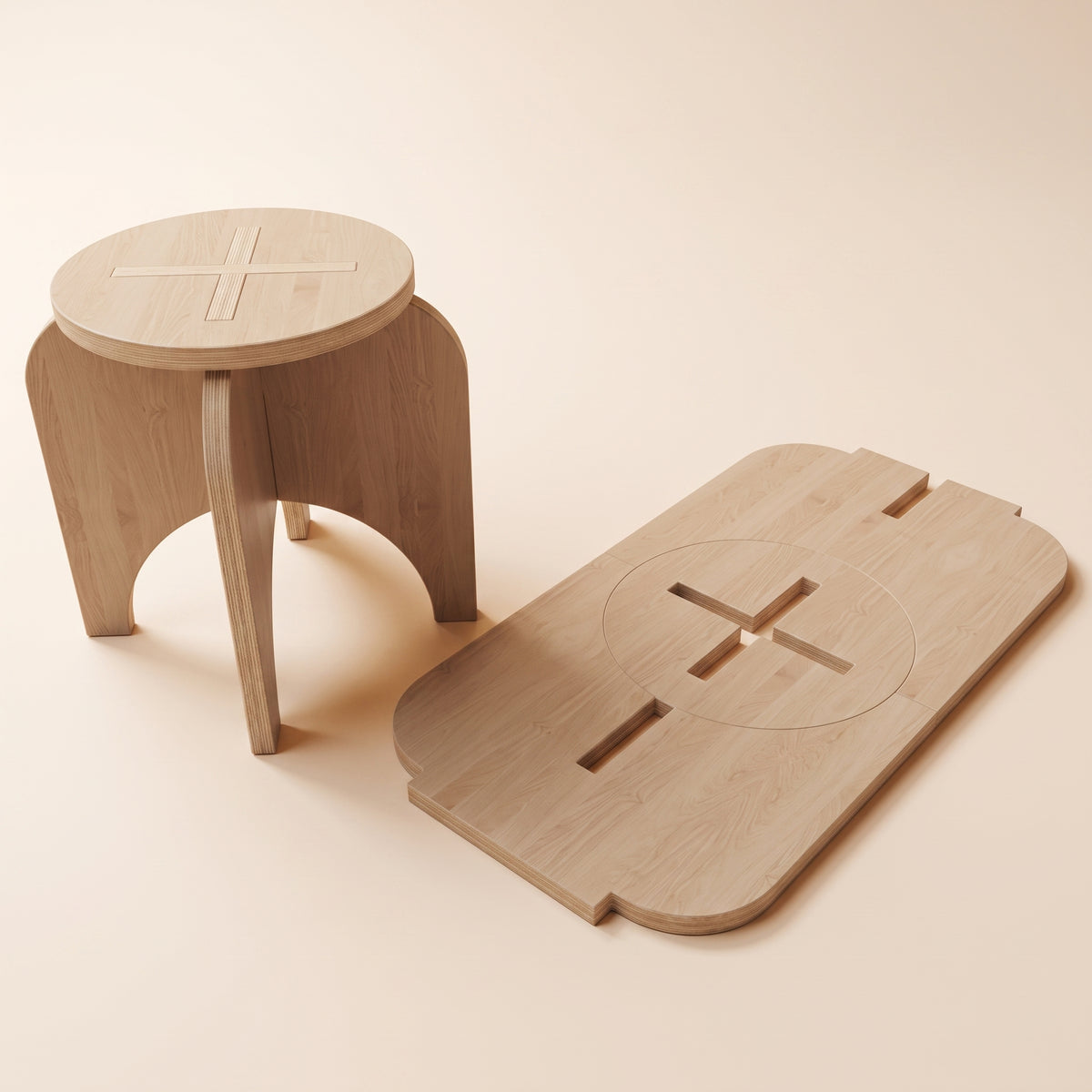 Wooden Sitting Stool - Round Top, Curved Legs, Large/Small