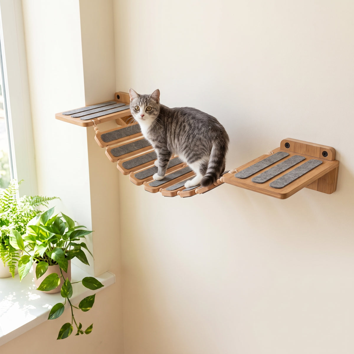 Wooden Wall-Mounted Cat Bridge - Burmese Teak, Non-Slip Felt Pads