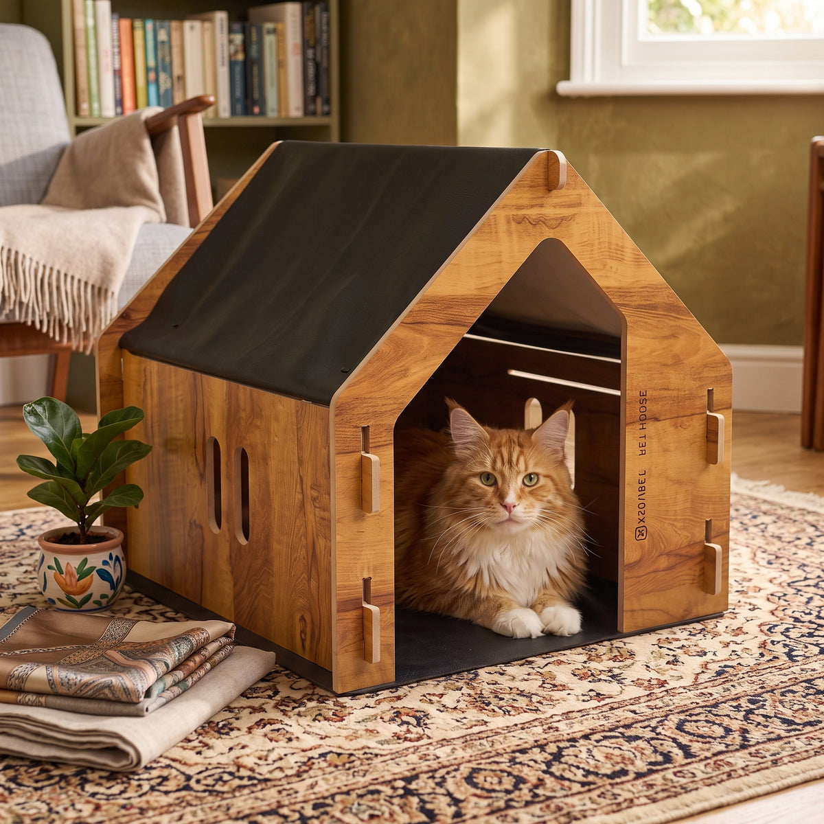Wooden Pet House - Weather-Resistant Roof & Floor Mat, Big/Small