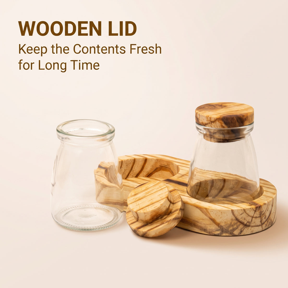 Kitchen Storage Jar Sets with Wooden Tray - Yogurt, Glass & Wooden Jars
