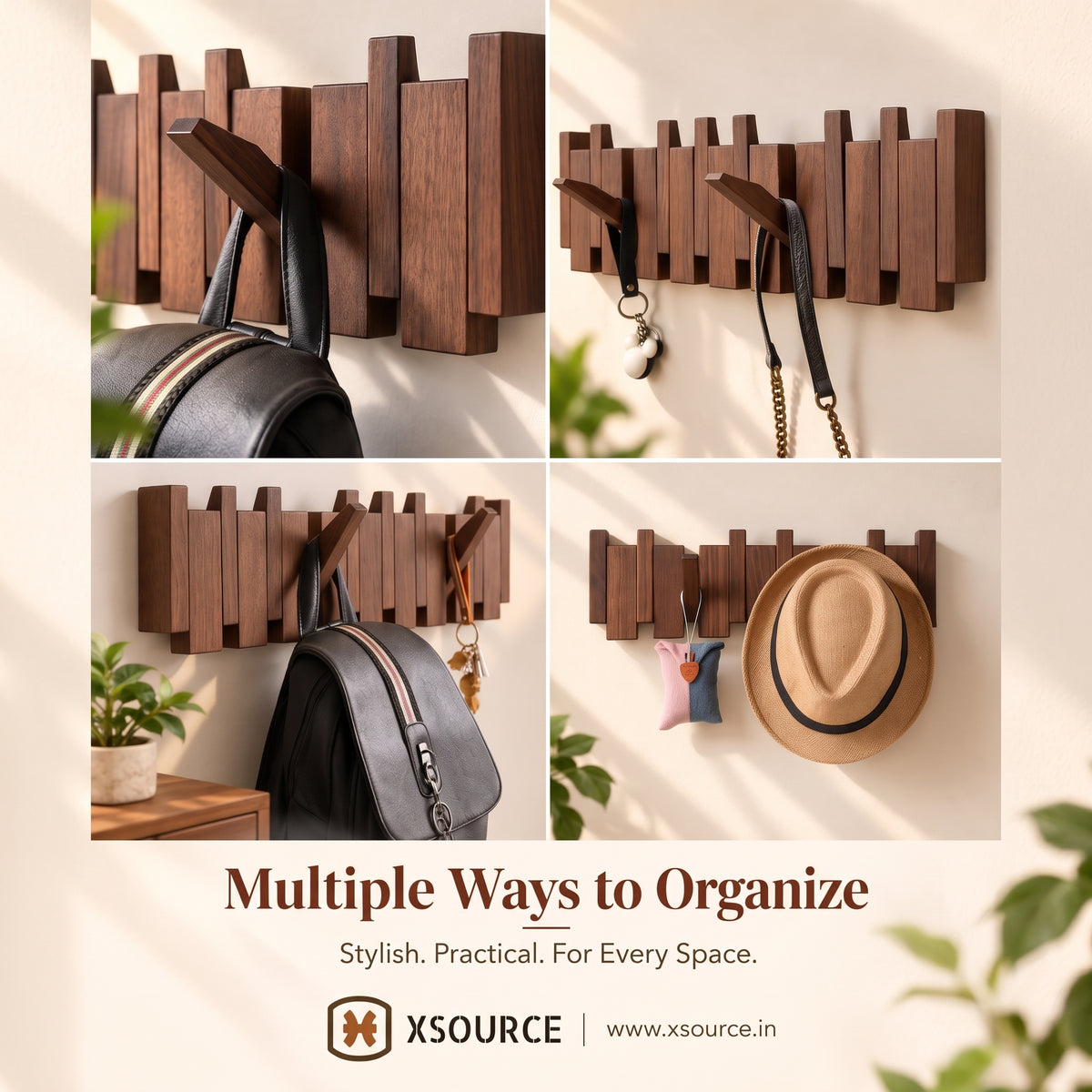 Classic Straight Wooden Wall Hanger - 6 Hooks, Old Burmese Teak
