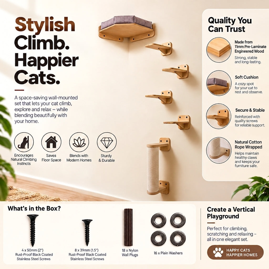 Wooden Corner Cat Bed with 4 Steps & Scratching Post - Wall-Mounted Set