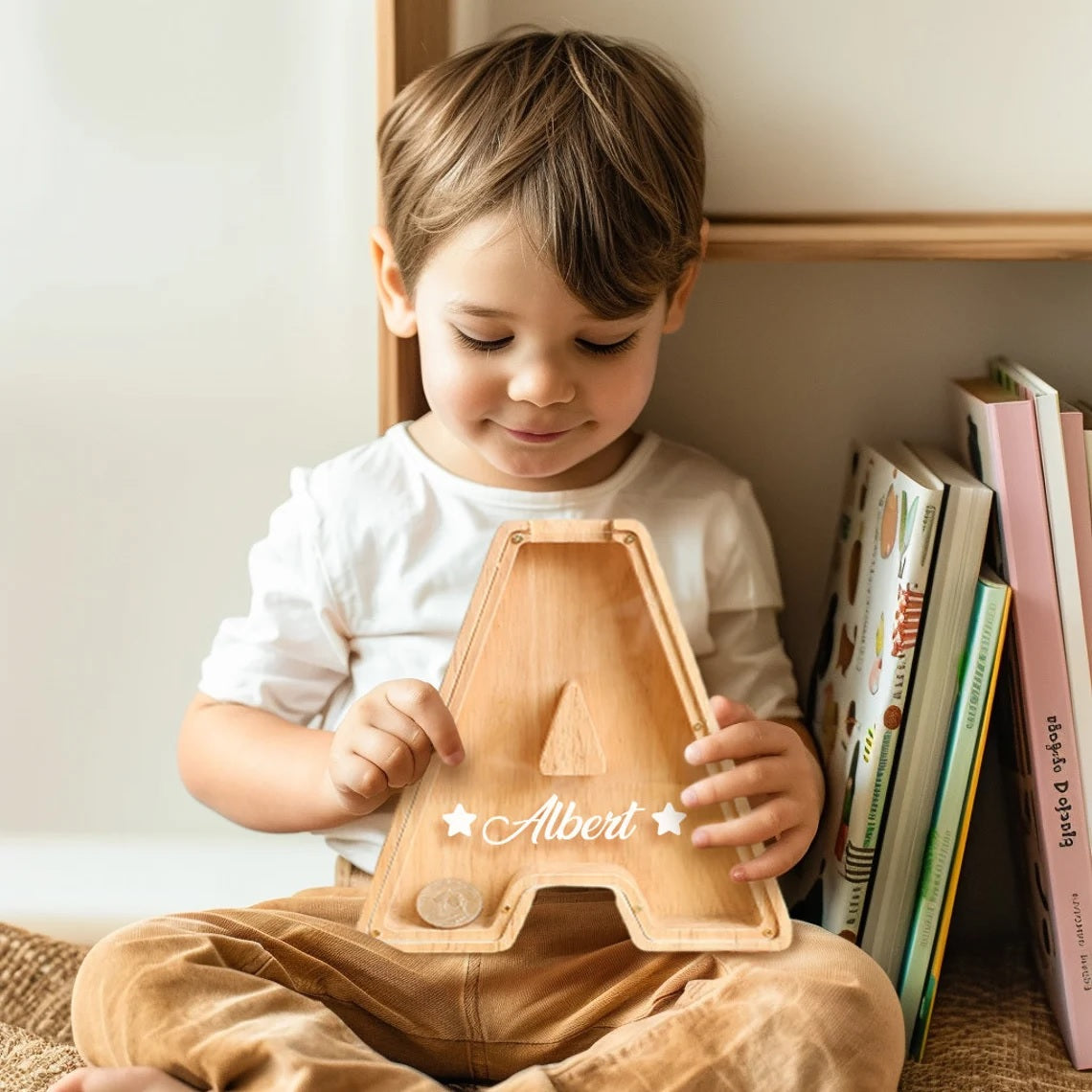 Wooden Alphabet Piggy Bank - Personalised A to Z Letter, Acrylic Front