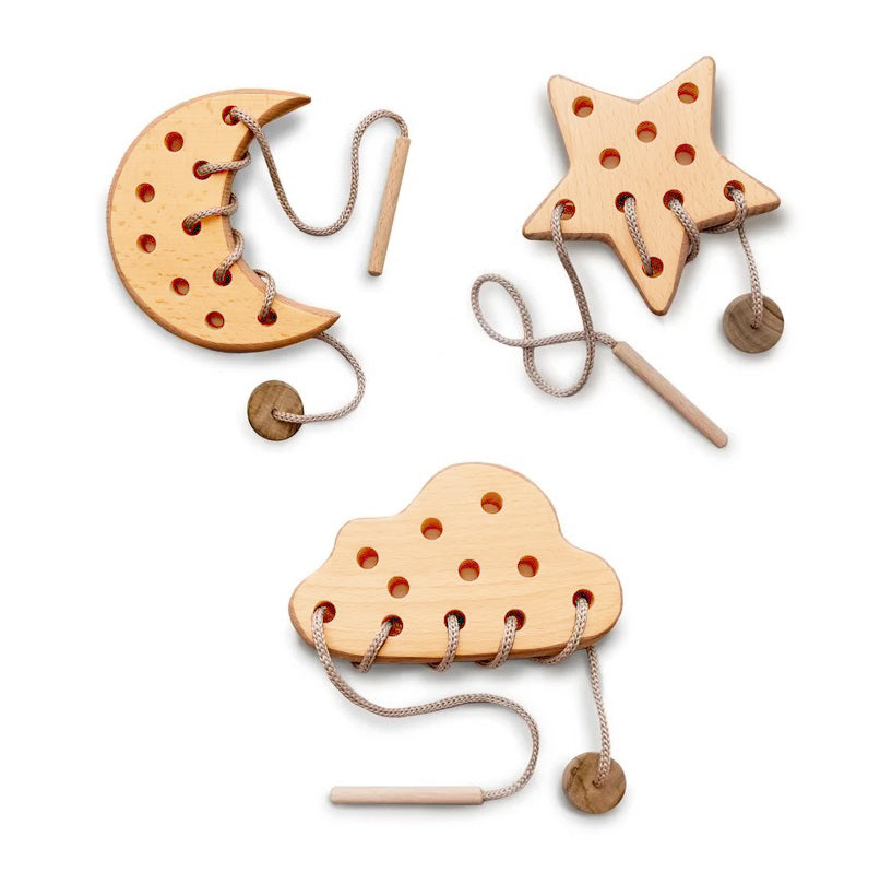 Wooden Lacing Toy for 2 Years Toddler Skills Development (Cloud Moon Star)