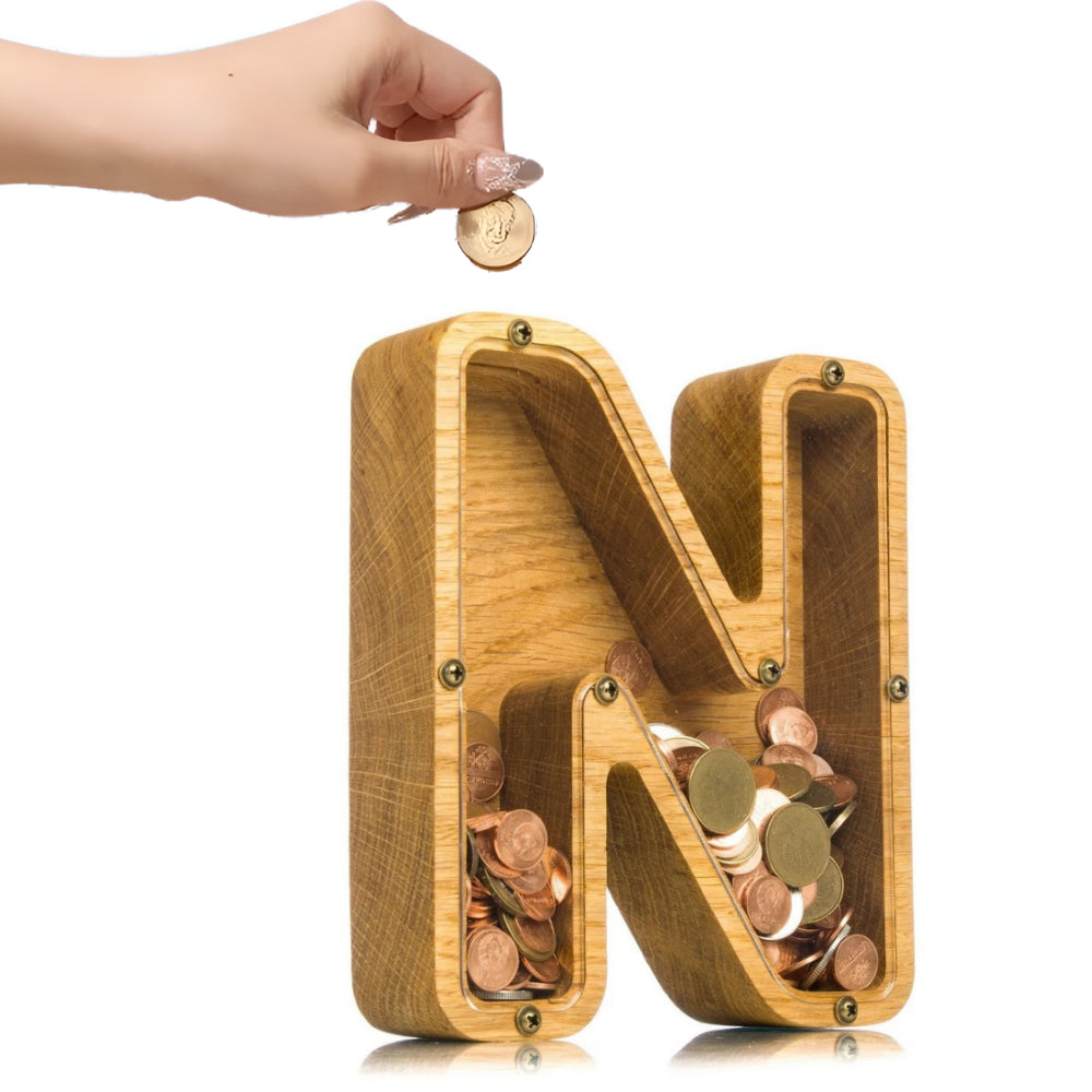 Wooden Alphabet Piggy Bank - Personalised A to Z Letter, Acrylic Front