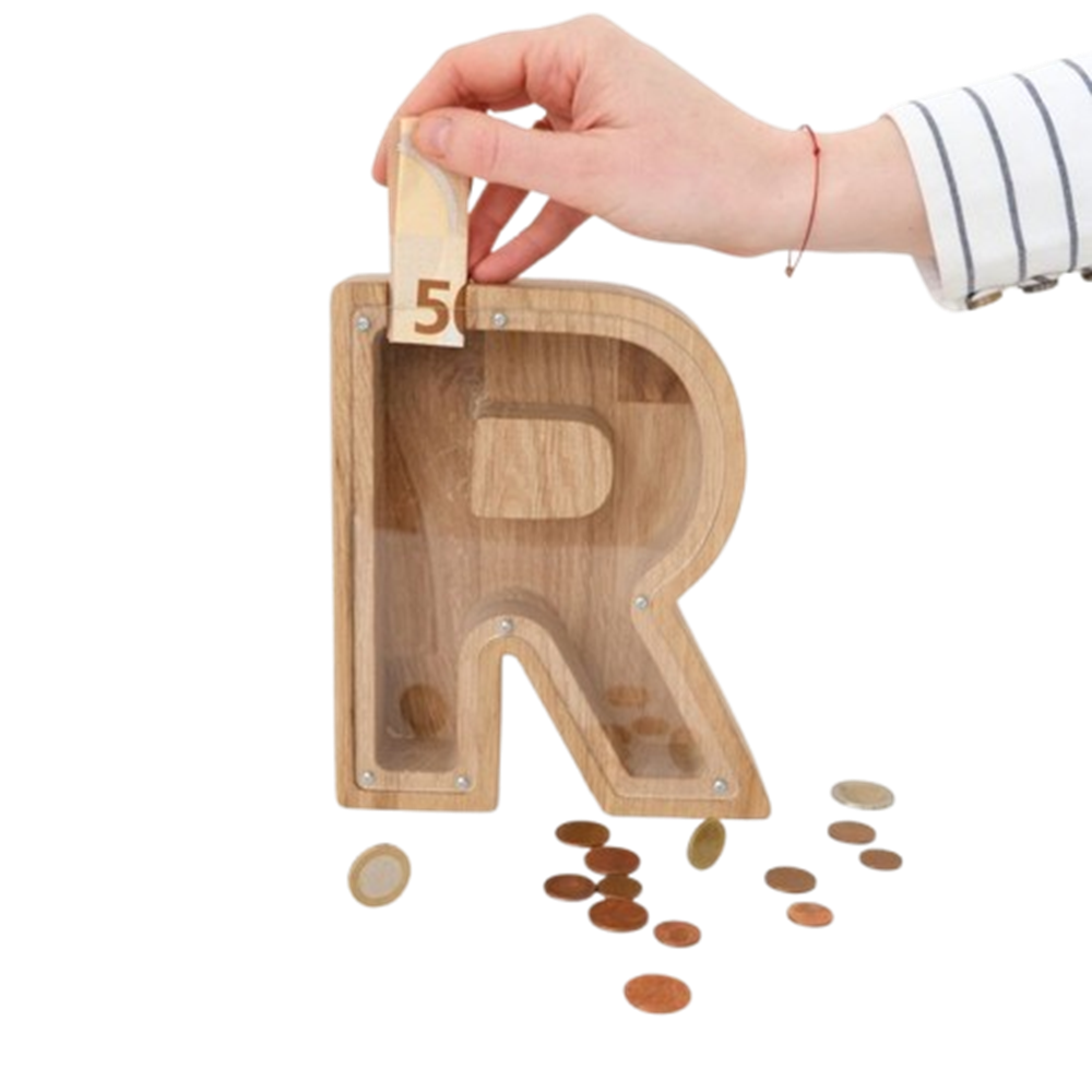 Wooden Alphabet Piggy Bank - Personalised A to Z Letter, Acrylic Front