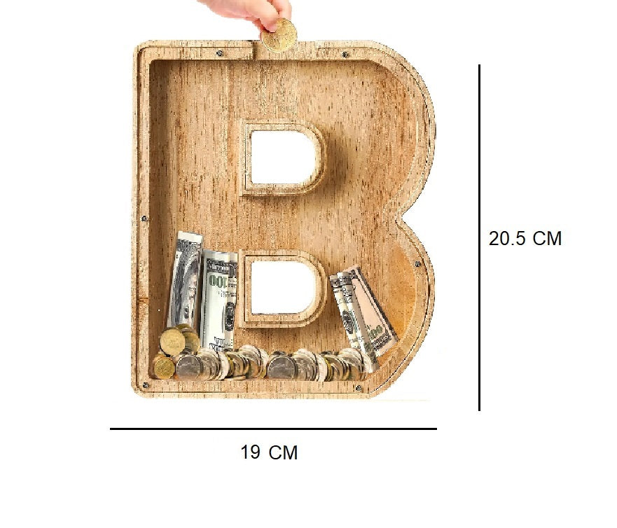 Wooden Alphabet Piggy Bank with Clear Acrylic Front A-Z Letters for Kids & Adults